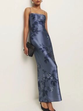 Reformation Frankie Silk Dress in Trieste Border - Blue Floral silk Maxi Dress